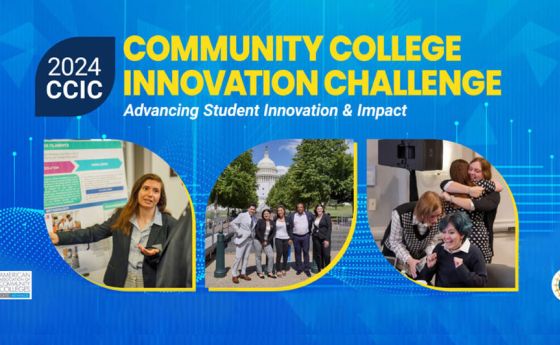 community college innovation challenge 2024 banner including three photos. First image - with a female giving a presentation. Second image - a group of people in front of white house. Third image a group of females hugging.