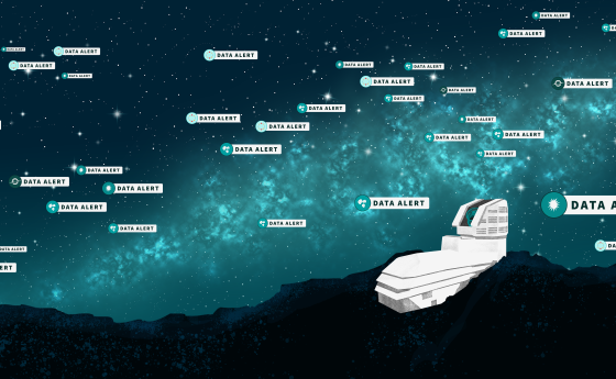 An illustration of Rubin Observatory with the Milky Way galaxy in the background and many "data alerts."