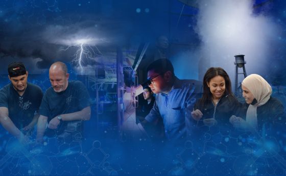 collage of people with blue abstract background