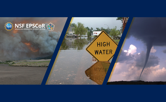 collage image from left to right, landscape on a body of water with smoke in the background; flooding with yellow sign that says high water; tornado