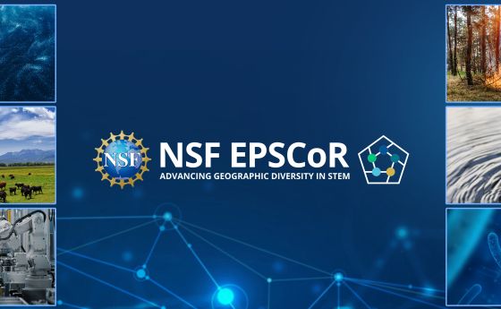 blue abstract background with EPSCoR logo in middle and a collage of imagery including textures, a forest fire, a mountain landscape with cows in foreground, close up of water rippling, and robotic arms