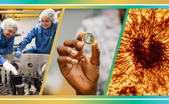 collage of imagery including two scientists, a small motherboard chip, and close up of black hole