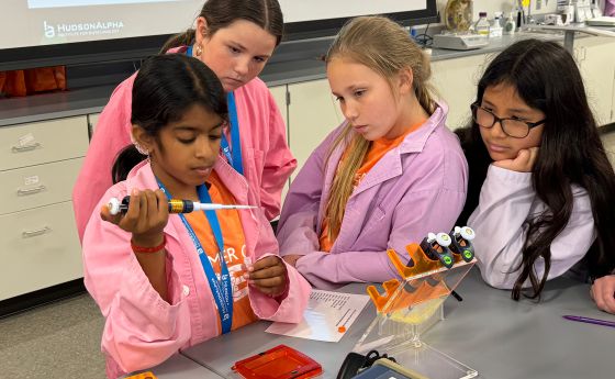 a group of 4 female students engaged in a science project