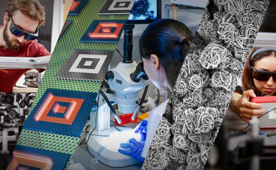 A collage of images showing scientists conducting materials research and close up images of advanced materials.