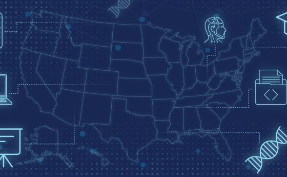 collage illustration including the US with icons surrounding it such as a laptop, AI head, finger print, DNA, graduation cap and html code
