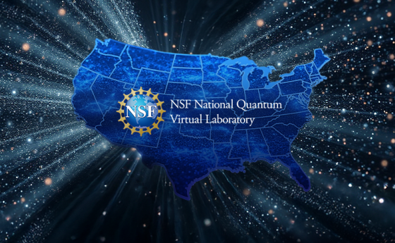 The NSF logo and words superimposed on a stylized map of the U.S. with rays and particles emerging from it.
