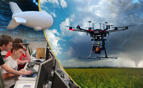 collage banner including students in class room, storm skies with tornado, a drone flying