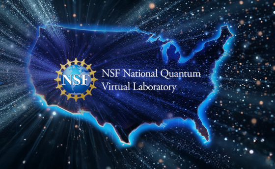 The NSF logo and words superimposed on a stylized map of the U.S. with rays and particles emerging from it.