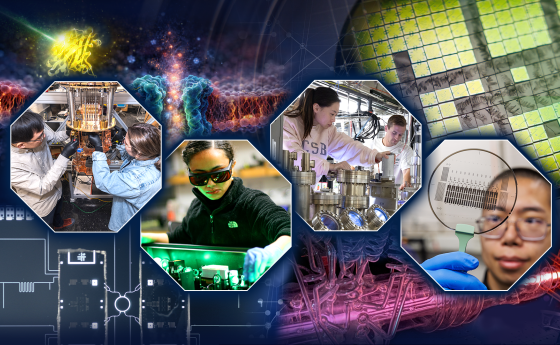 A collage showing multiple researchers in labs and close up images of circuits and other objects.