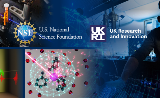 NSF and UKRI logos superimposed on a collage of several images depicting scientific research.