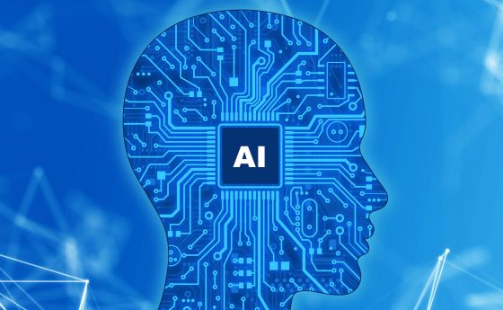 abstract blue image with a human head illustrated in the middle with the "AI"