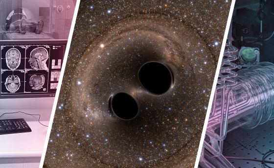 three panel image showing a scientist in a laboratory, an illustration of two black holes merging into space, and a large scientific research item