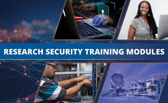 collage banner for the research security training module with images of people and technology