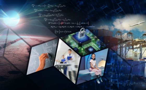 A collage of images showing a planet, equations, computer chip, doctors, a child patient next to an MRI machine, shipping containers, a freight truck and a jet.