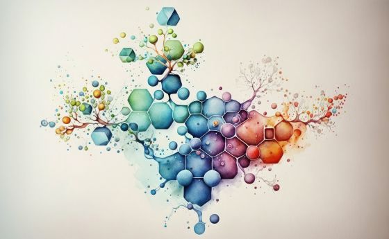 Watercolor illustration of a stylized molecule