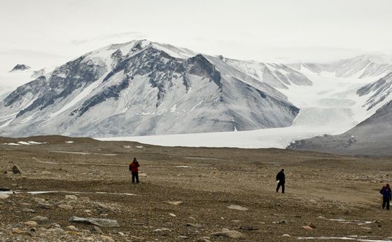 Several U.S. Antarctic Program participants explore Taylor Valley in the McMurdo Dry Valleys, one of the very few regions in Antarctica largely devoid of ice.