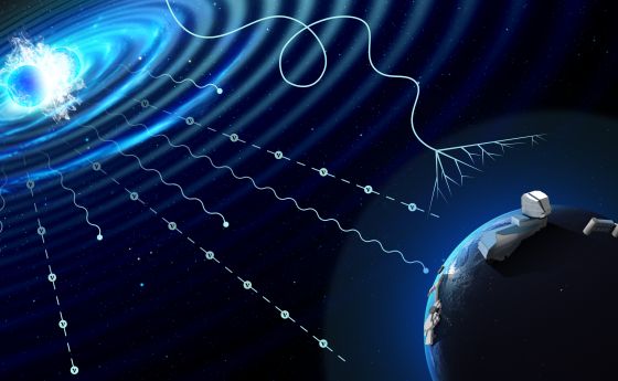 Conceptual illustration of a multi-messenger astrophysical event. In the top left, two neutron stars are colliding in a bright blue burst of energy. The collision emits several different types of signals, which are being detected by different telescopes and facilities illustrated on Earth in the lower right.