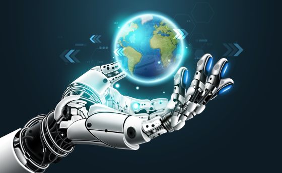 abstract image of a robot hand holding the earth globe in its hand