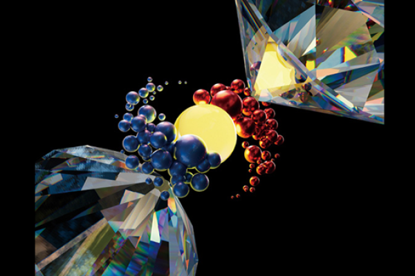 rendering of a boron arsenide crystal between two diamonds in a controlled chamber with thermal energy under extreme pressure