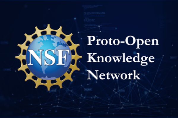 Proto-Open Knowledge Network news hero banner with blue background and the NSF logo