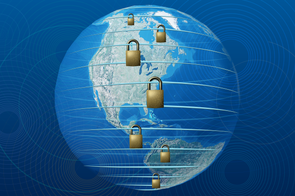 Illustration depicting a globe under several secure locks