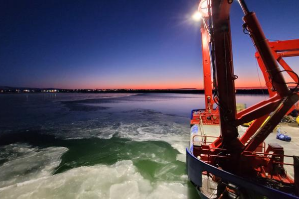 The research vessel Sikuliaq, owned by the U.S. National Science Foundation, breaks through Arctic ice.