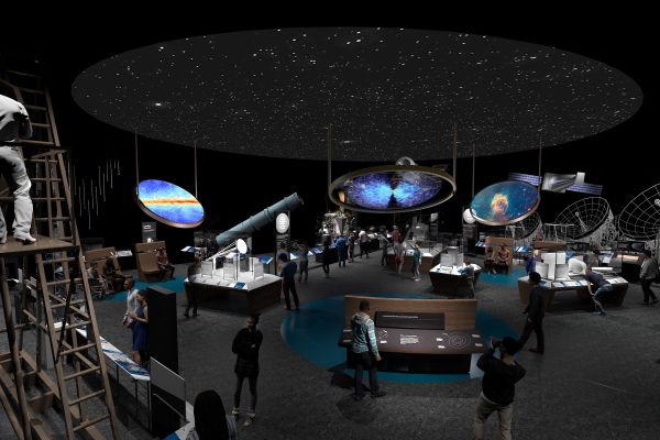Artist's rendering depicts the new Discovering Our Universe Gallery featuring lenses at center to augment the starry sky and the Bruce Telescope at rear.