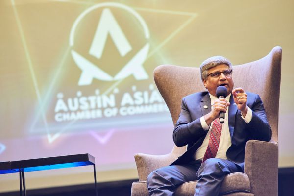Dr. Sethuraman Panchanathan speaks during the "fireside chat" segment of the Greater Austin Asian Chamber of Commerce "Ovation" gala on November 4, 2023.