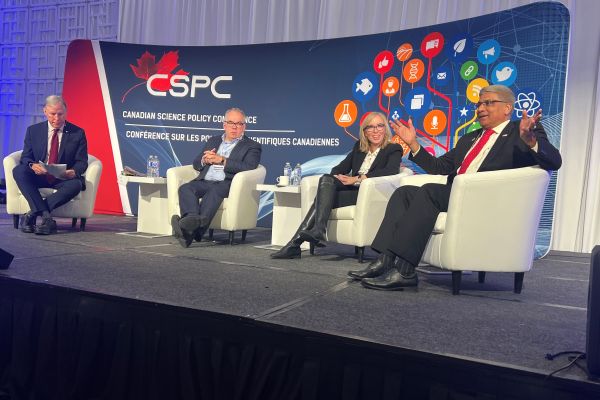 Moderator Chad Gaffield interviews (from left) Paul Wells, Leslie Church, and NSF Director Sethuraman Panchanathan at the 2023 Canadian Science Policy Conference.