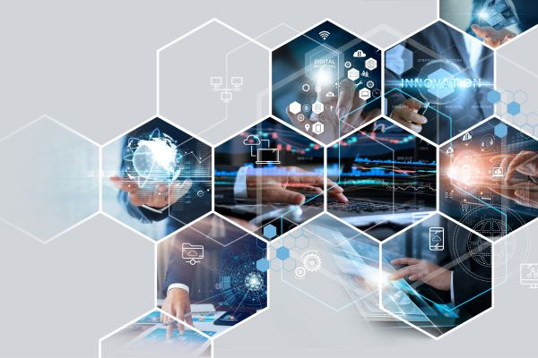 Business and economic growth on global business network, Data analysis of financial and banking, Customer service, Technology and data connection, Teamwork, Business strategy and Digital marketing.