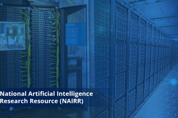 collage bannerwith abstract graphics with a large computer system in the forefront along with the title National Artificial Intelligence Research Resource (NAIRR)