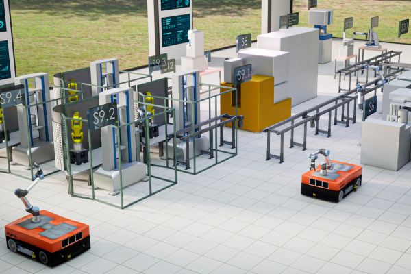 A 3D computer rendering of a laboratory with orange robots and equipment in rows.