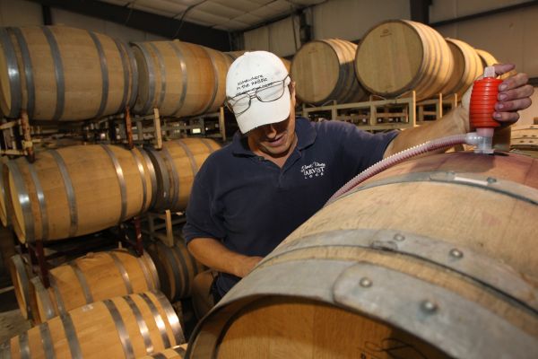 A man inspects an oak barrel.