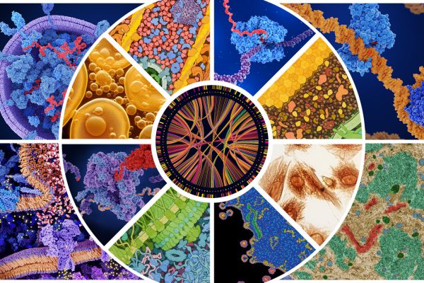 A collage of images of cells, molecules, molecular complexes, and DNA analysis., A collage of images of cells, molecules, and molecular complexes. In the center is an image of DNA analysis.