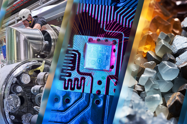 5 panels of images starting with a cell phone on the left, man in manufacturing environment, closeup of computer chip, colorful minerals, scientist in lab working with samples.