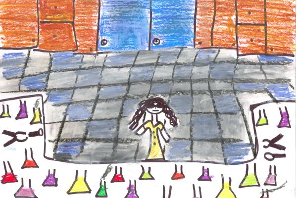 An 11-year-old girl's drawing of a female scientist working in a laboratory.