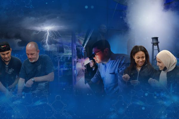 collage of people with blue abstract background