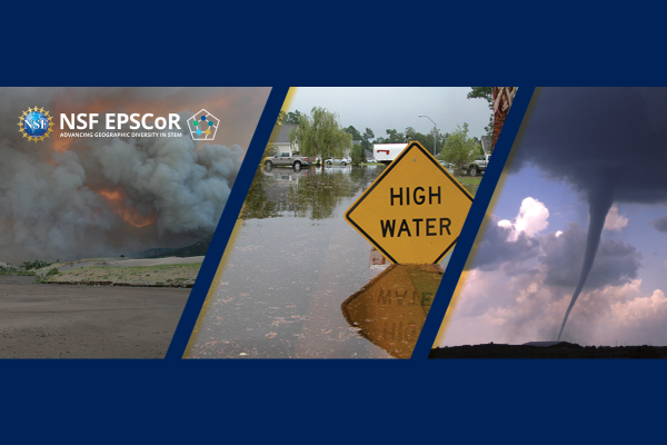 collage image from left to right, landscape on a body of water with smoke in the background; flooding with yellow sign that says high water; tornado