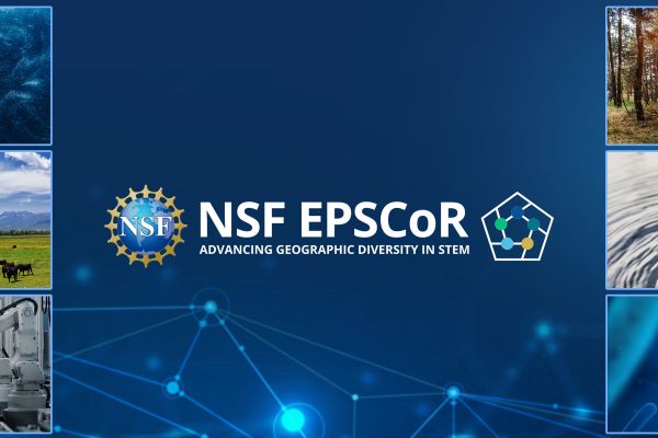 blue abstract background with EPSCoR logo in middle and a collage of imagery including textures, a forest fire, a mountain landscape with cows in foreground, close up of water rippling, and robotic arms