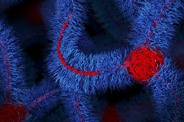 Illustration of polymer material at microscopic level with many squiggly blue lines