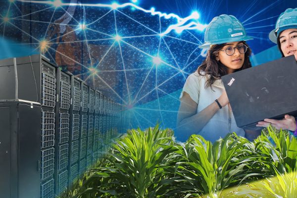 IDSS Announcement Graphic collage including two women wearing hard hats, green landscape, and large computers