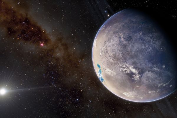 An illustration of a terrestrial exoplanet, with its star in the background.