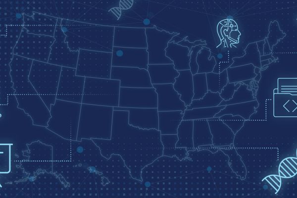collage illustration including the US with icons surrounding it such as a laptop, AI head, finger print, DNA, graduation cap and html code