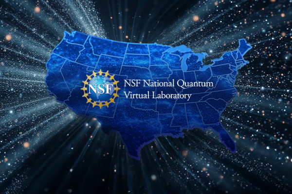 The NSF logo and words superimposed on a stylized map of the U.S. with rays and particles emerging from it.