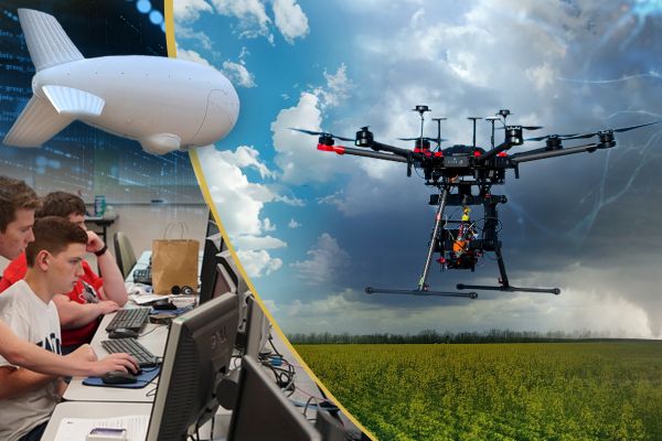 collage banner including students in class room, storm skies with tornado, a drone flying