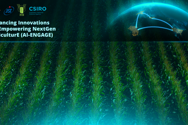 view of green crop fields with a glowing digital globe
