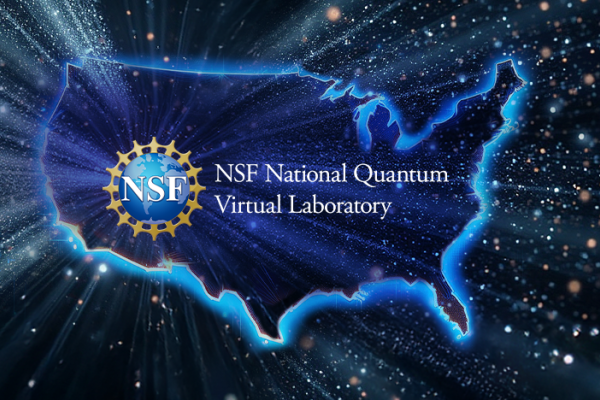The NSF logo and words superimposed on a stylized map of the U.S. with rays and particles emerging from it.