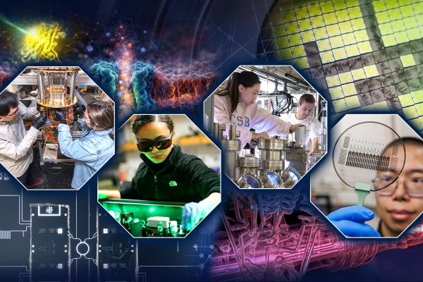 A collage showing multiple researchers in labs and close up images of circuits and other objects.