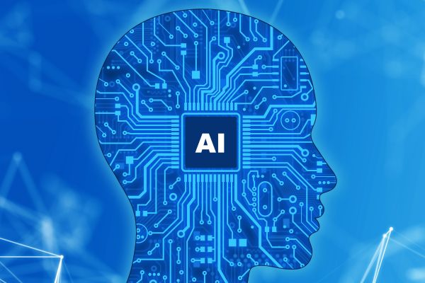 abstract blue image with a human head illustrated in the middle with the "AI"