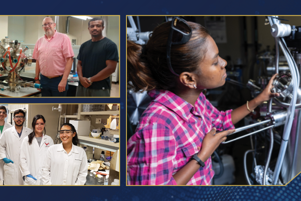 A collage of three photos showing people in science labs.